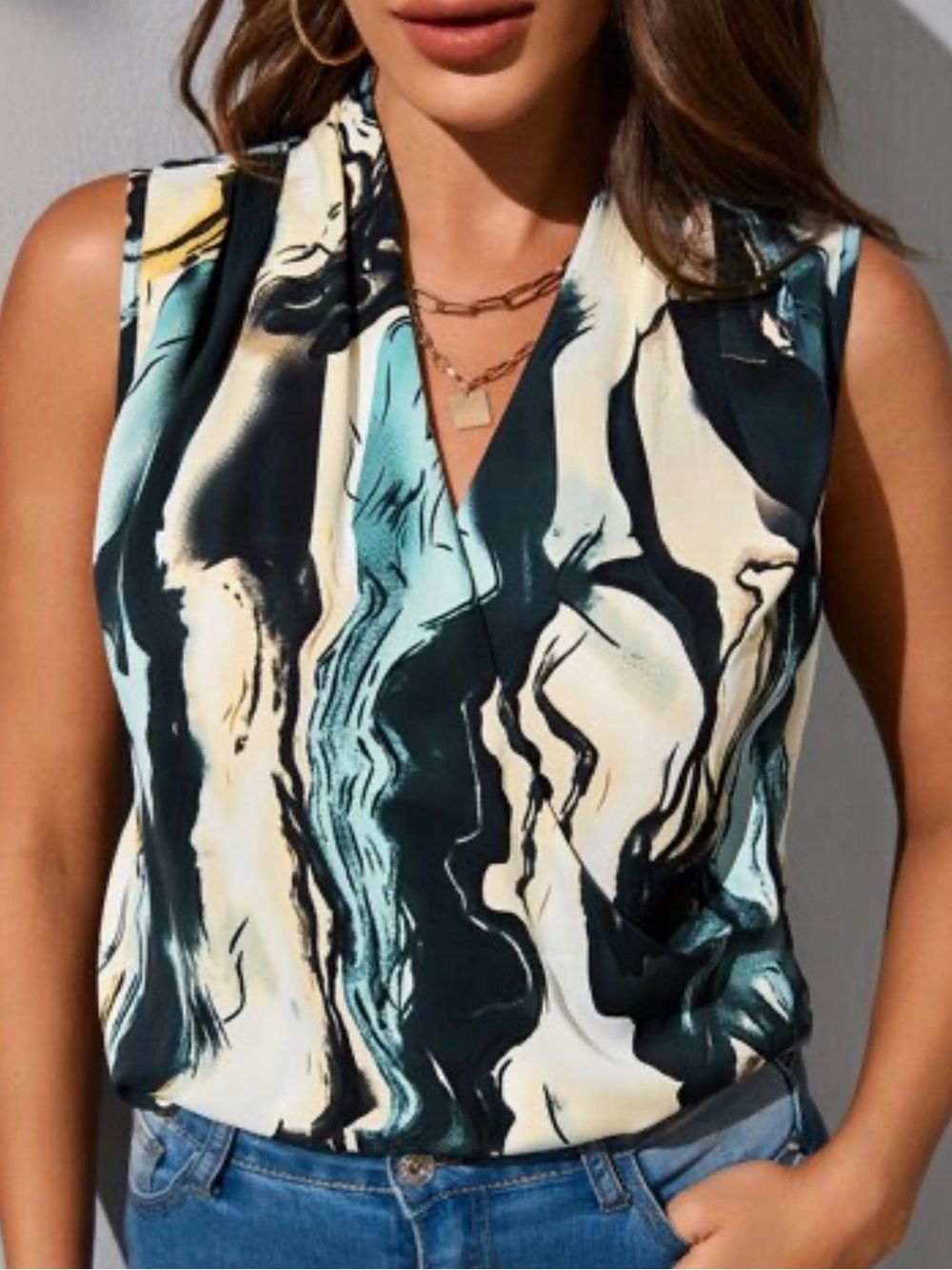 Marble-Print Sleeveless V-Neck Blouse in Teal, Black & Cream